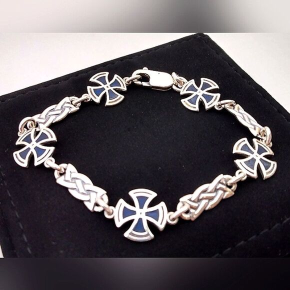 Sterling Silver 925 Maltese Cross Blue Enamel Bracelet Vintage - Picture 2 of 14